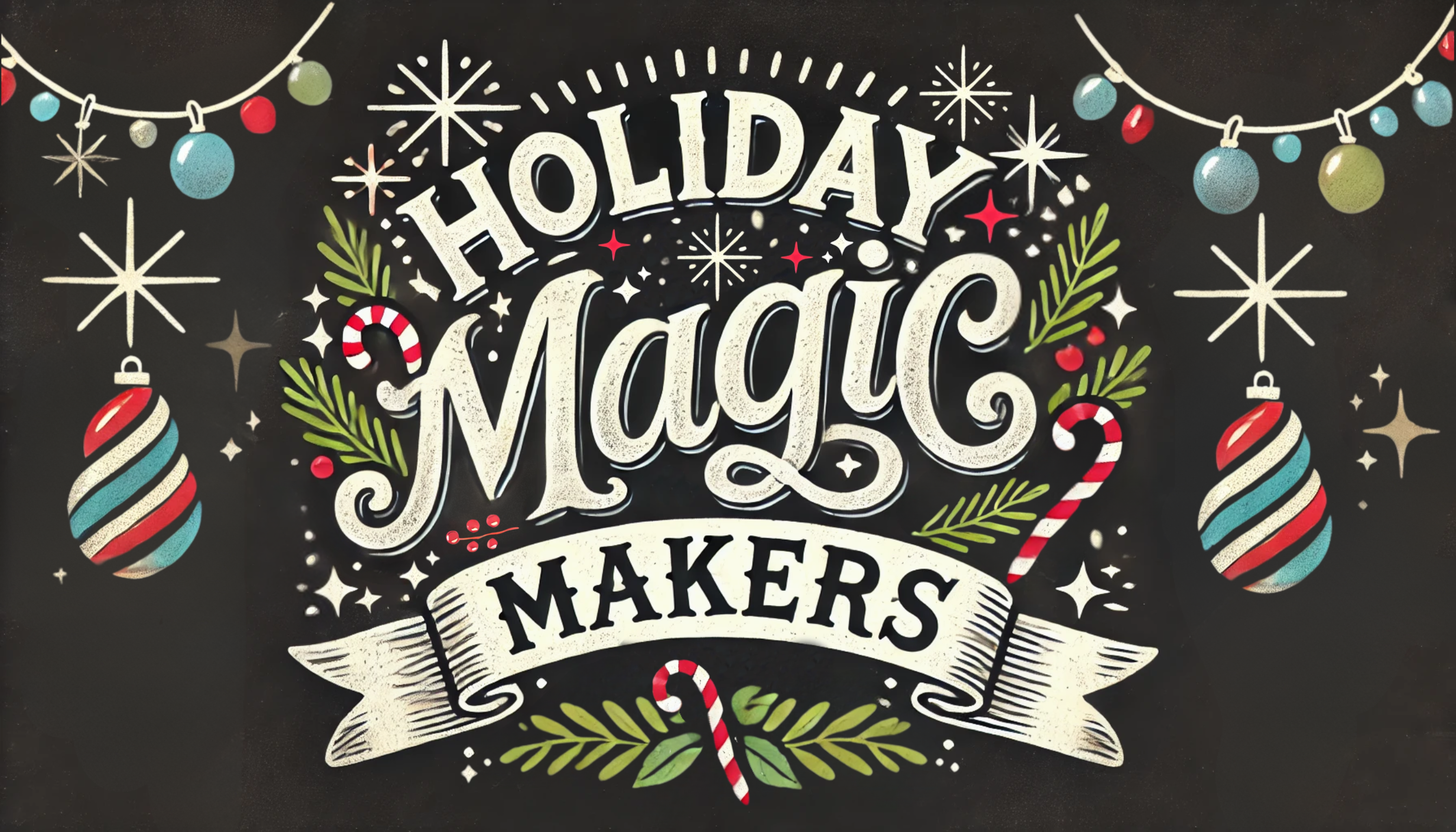 black chalkboard background with chalk lettering and decorations in blue, red, and white chalk