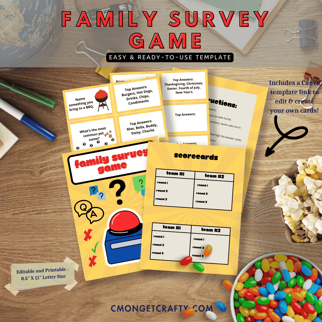 Flatlay view of printable game sheets, popcorn, candy bowl, pens, paper