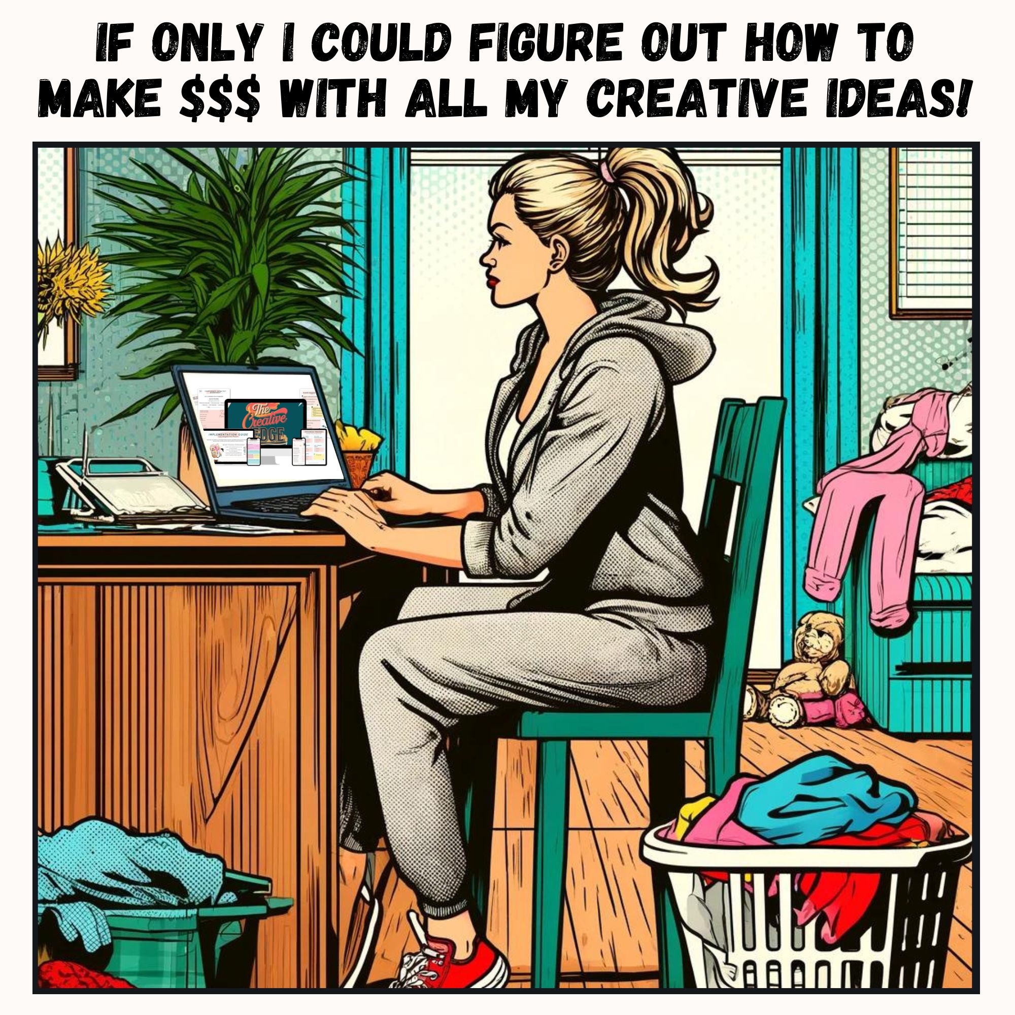 comic book graphic of blonde woman in sweats sitting at computer with piles of laundry behind her